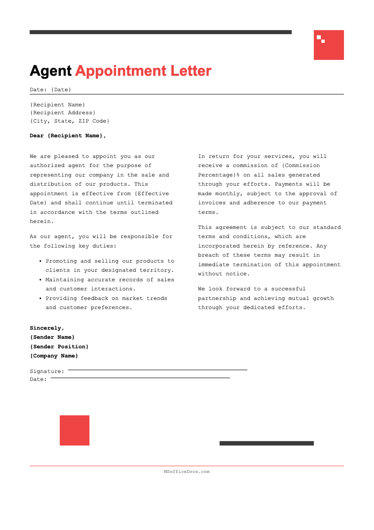 Agent Appointment Letter template with fillable fields and corporate header_variant_2